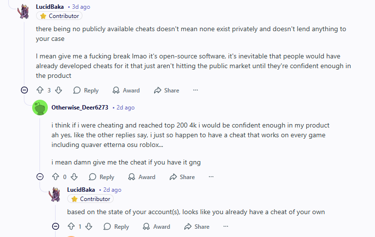 reddit thread showing community skepticism about universal cheats existing